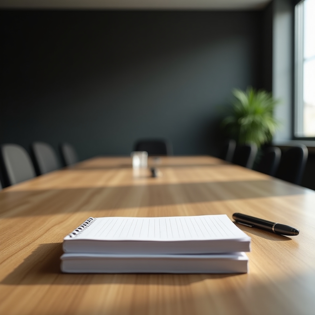 Detail view of a quiet meeting room with a wooden table, notepads, and soft natural light