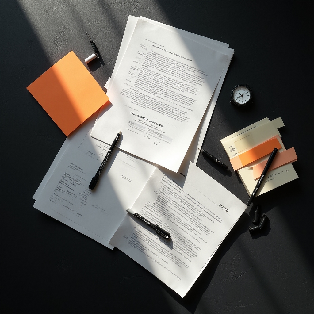 Flat lay of workshop materials including sticky notes, markers, and printed prompt cards